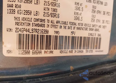 2007 Dodge Grand Caravan Sxt z USA, uszkodzony, nr VIN 2D4GP44L97R216390